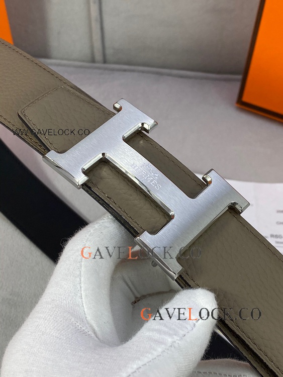 Copy Hermes Khaki Reversible Leather Strap Silver H Men Belt 38mm